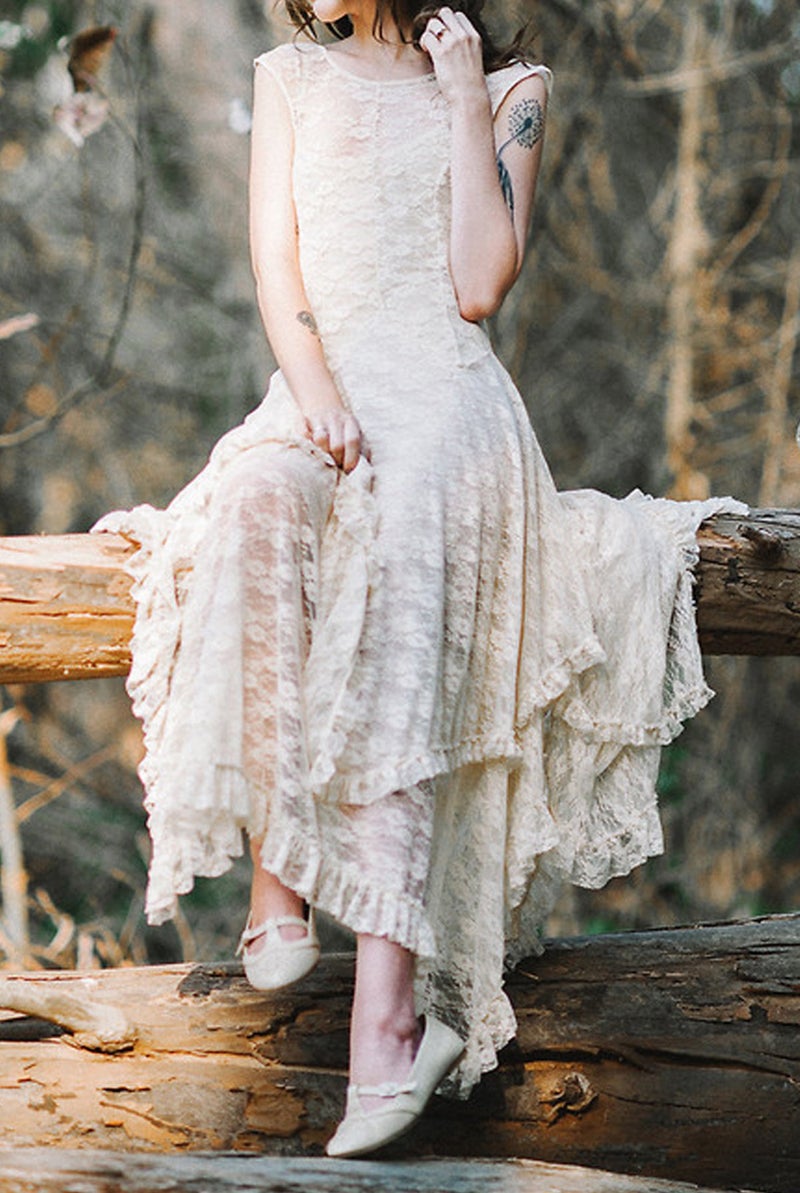 R.Vivimos Womens Sleeveless Backless Asymmetrical Layered Lace Long Dress with Slip Two Pieces (Small, Beige) - Image 4